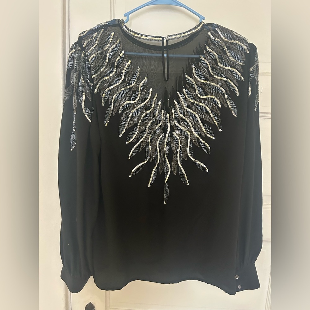 VINTAGE 80S ARGENTI SEQUINS SILK BLOUSE TOP BEAD PARTY NYE HOLIDAY SZ Large